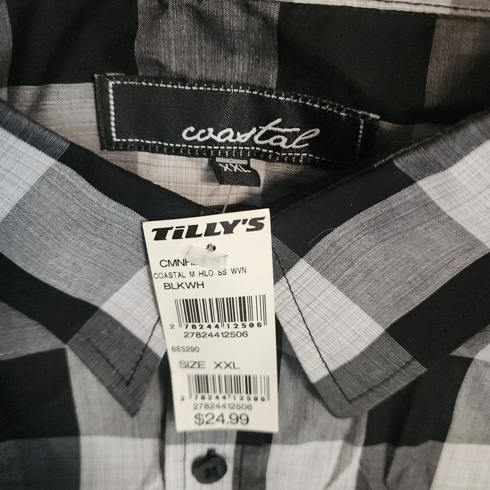 Coastal Button Down Shirt Mens XXL Black White Plaid Short Sleeve Buffalo Check - Picture 2 of 6